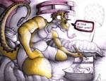 anthro clothed clothing dialogue drawing drawing_(action) male partially_clothed scales solo speech_bubble text yellow_body yellow_scales yagi_b._(artist) pit_viper rattlesnake reptile scalie snake viper 2023 digital_drawing_(artwork) digital_media_(artwork) english_text hi_res restricted_palette