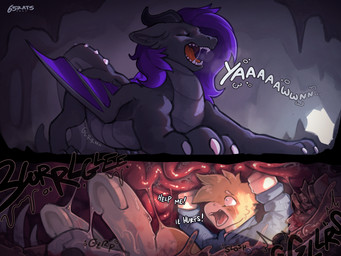 ambiguous_gender ambiguous_pred ambiguous_prey anthro anthro_prey black_horn bodily_fluids bone bones_in_stomach cave claws clothing digestion duo eyes_closed fangs fatal_vore feral feral_pred fur grey_body grey_scales hair help_me hooves horn imminent_death imminent_digestion inside_stomach internal larger_feral larger_pred lying nude on_back onomatopoeia open_mouth orange_body orange_fur pain pupils purple_hair purple_wings rumbling_stomach saliva saliva_string scales scared size_difference skull slosh small_pupils smaller_anthro sound_effects stomach_acid stretching struggling struggling_prey tears teeth text tongue topwear unwilling_prey vore white_body white_claws white_fur white_hooves wings yawn st4rs6 mythology dragon equid equine horse mammal mythological_creature mythological_scalie pony scalie 4:3 comic english_text hi_res