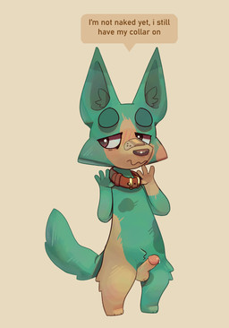 anthro bodily_fluids collar embarrassed fur genital_fluids genitals looking_away male penis precum solo speech_bubble impwolsniw webfishing canid canine mammal absurd_res hi_res