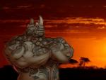 anthro athletic biceps big_muscles biped clothed clothing crossed_arms green_eyes grey_body grey_skin horn male muscular muscular_anthro muscular_male pose solo standing sunset tattoo topless tribal vein chemicalwolf dodoki mammal rhinoceros artist_collaboration