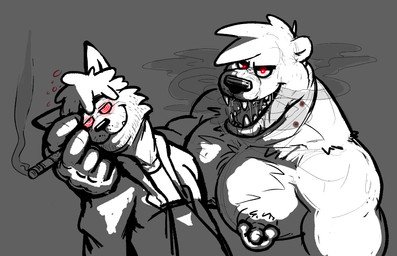 5_fingers anthro anthro_on_anthro biceps bite_mark bodily_fluids body_hair chest_hair cigarette clothed clothing dominant dominant_male duo fangs fingers hair hypnosis male mind_control muscular muscular_male nipple_piercing nipples open_mouth pecs piercing ringed_eyes saliva shirt smoke submissive submissive_male teeth topwear anothermeekone bear canid canine mammal vampire 2019 greyscale hi_res monochrome