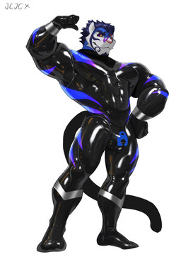 anthro black_latex blue_body blue_fur blue_hair bodysuit clothed clothed_anthro clothed_male clothing eye_scar facial_scar fur grey_latex hair latex latex_bodysuit latex_clothing latex_skinsuit lock_bulge lock_symbol male multicolored_body multicolored_bodysuit multicolored_clothing multicolored_fur multicolored_skinsuit muscular muscular_anthro muscular_male null_bulge purple_latex purple_sclera scar skinsuit solo standing tail tight_clothing two_tone_body two_tone_fur white_body white_fur yellow_eyes cxcxxcxxxx nix_flamel felid mammal pantherine tiger 2026 absurd_res hi_res