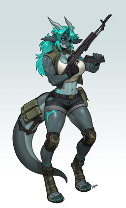 anthro biped bottomwear breasts claws clothed clothed_anthro clothed_female clothing countershade_torso countershading feet female fingers front_view fully_clothed fully_clothed_anthro fully_clothed_female gloves gun hair handwear horn looking_at_viewer navel ranged_weapon simple_background smile solo standing tail teeth toes topwear weapon pgm300 mythology dragon mythological_creature mythological_scalie scalie 2026 absurd_res digital_drawing_(artwork) digital_media_(artwork) hi_res