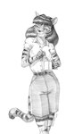 anthro belt beverage bottomwear breasts clothing coffee coffee_mug cutlery female fur hair kitchen_utensils looking_away shirt shorts solo spoon striped_body striped_fur stripes tools topwear baron_engel disney talespin harmond_(talespin) felid mammal pantherine tiger 2024 graphite_(artwork) hi_res monochrome traditional_media_(artwork)