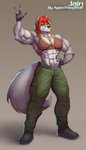 abs anthro biceps big_muscles blonde_highlights boots bottomwear breasts broad_shoulders cargo_pants claws clothed clothing deltoids devil_horns_(gesture) female footwear fur gesture gloves gradient_background grey_body grey_fur hair hand_gesture hand_on_hip handwear highlights_(coloring) looking_at_viewer muscular muscular_anthro muscular_female pants pose red_eyes red_hair shirt shoes simple_background solo standing tank_top tomboy topwear agonwolfe blinkblinkblink valkairis_sarikblod canid canine canis mammal wolf hi_res