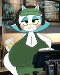 angry anthro beverage big_breasts breasts clothed clothing coffee electronics eyewear female glasses hair hat headgear headphones headwear huge_breasts photo_background solo teeth text white_hair theslashfive glitch_productions smg4 karen_(smg4) smg1 domestic_cat felid feline felis mammal english_text hi_res photography_(artwork)