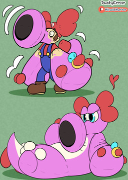 anthro bodily_fluids clothing hat headgear headwear human_to_anthro human_to_inanimate inanimate_transformation plushie plushie_transformation simple_background solo species_transformation tail toy transformation transformation_sequence dustyerror mario_bros nintendo mario animate_inanimate birdo human living_plushie mammal absurd_res digital_media_(artwork) hi_res trans_(lore) trans_woman_(lore)