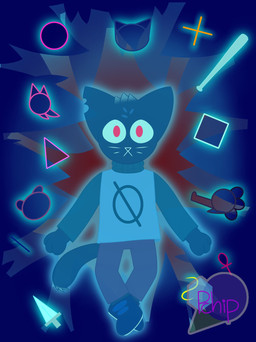 ambiguous_gender anthro baseball_bat bat_(object) biped blue_body blue_clothing blue_ears blue_fur blue_hair blue_tail bottomwear clothing dagger footwear fur glowing glowing_body glowing_clothing glowing_eyes hair looking_at_viewer melee_weapon pants paws pink_eyes red_hair shoes solo sweater tail topwear weapon potato_the_chip night_in_the_woods mae_borowski domestic_cat felid feline felis mammal 2019 hi_res signature female_(lore)