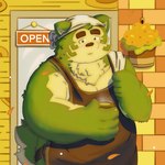 anthro apron clothing detailed_background green_body kemono male overweight overweight_male solo littlejimmy1218 lifewonders live_a_hero mokdai canid canine canis domestic_dog mammal 1:1 2023 hi_res