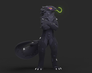 3_toes 4_fingers ambiguous_gender anthro black_body black_fur black_spots chest_tuft claws crossed_arms crystal feet fingers forked_tongue fur green_eyes green_tongue grey_background grey_body grey_fur grey_spots long_tongue looking_at_viewer narrowed_eyes pupils simple_background slit_pupils solo spots standing toes tongue tongue_out tuft white_claws white_crystal mrkomps kaiju_paradise gootraxian hebi_(kaiju_paradise) reptile scalie snake 3d_(artwork) digital_media_(artwork)