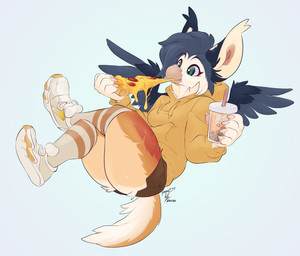 5_fingers anthro back_wings beak beverage blue_hair bottomwear breasts bubble_tea cheek_tuft claws clothing crossed_legs eating eating_food eyelashes facial_tuft feathered_wings feathers female finger_claws fingers floating food footwear fur green_eyes hair holding_beverage holding_food holding_object hoodie hotpants long_socks multicolored_body multicolored_fur non-mammal_breasts pepperoni_pizza pizza pizza_slice shoes shorts simple_background sneakers socks solo tail tan_body tan_fur topwear tuft white_background wings yellow_clothing yellow_hoodie yellow_topwear lofiflavors yogoat mythology inno-sjoa_(character) avian gryphon mythological_avian mythological_creature teacup_gryphon 2024 dated hi_res signature