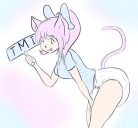 anthro bangs biped breasts clean_diaper clothed clothed_anthro clothed_female clothing diaper female female_anthro hair holding_object holding_sign looking_at_viewer medium_breasts one_eye_closed pink_hair pose shirt short_hair side_view sign solo tail topwear wearing_diaper wink winking_at_viewer classyshrimp classy_(classyshrimp) felid feline mammal digital_drawing_(artwork) digital_media_(artwork) flat_colors hi_res portrait three-quarter_portrait
