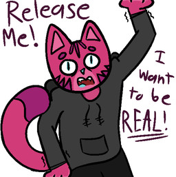 anthro blue_eyes blue_tongue bottomwear clothing dialogue fangs fur hoodie jogging_pants looking_at_viewer magenta_fur male open_mouth pants pink_body pink_fur purple_body purple_fur request_to_viewer requesting simple_background solo sweatpants tail teeth text tongue topwear white_background kurzaen_(artist) kurzaen_(character) domestic_cat felid feline felis mammal english_text