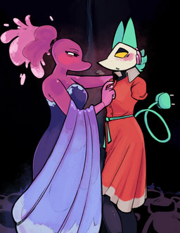 anthro black_background blush blushing_profusely clothing dress duo electrical_plug_tail eye_contact female female/female hair hand_behind_head hand_on_chest holding_head lidded_eyes looking_at_another machine narrowed_eyes pink_body ponytail purple_clothing purple_dress red_clothing red_dress simple_background sleeveless_dress squint tail water white_body freaky_frohicky deltarune undertale_(series) miss_mizzle tasque_manager darkner elemental_creature felid feline humanoid mammal robot water_creature absurd_res digital_drawing_(artwork) digital_media_(artwork) hi_res