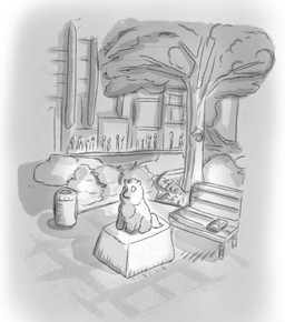 bench feral japan newspaper parody plant sculpture shrub statue trash_can tree young young_feral carpdime fluffy_pony fluffy_pony_(species) human mammal digital_media_(artwork) greyscale monochrome story story_at_source story_in_description