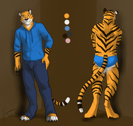 anthro barefoot blue_bottomwear blue_clothing blue_eyes blue_pants blue_topwear bottomwear clothed clothing eyewear feet front_view fur glasses glistening glistening_eyes hand_on_hip male male_anthro markings mouth_closed pants rear_view slim_anthro slim_male solo standing striped_arms striped_back striped_legs striped_markings striped_neck striped_tail stripes tail tail_markings topless topwear white_body white_fur yellow_body yellow_fur hufnaar felid mammal pantherine tiger 2015 absurd_res dated hi_res model_sheet