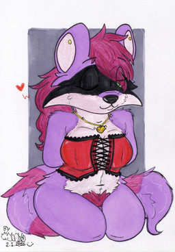 anthro big_tail clothing corset female fur green_eyes grey_background hands_behind_back jewelry lingerie looking_at_viewer magenta_hair necklace one_eye_closed pubes purple_body purple_fur red_corset simple_background sitting solo tail topwear wink winking_at_viewer mootsncompany tawny mammal procyonid raccoon hi_res sketch traditional_media_(artwork)
