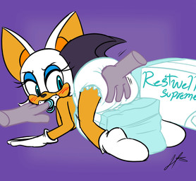 anthro big_ears clothed clothing diaper female female_anthro pacifier solo wearing_diaper wings liljdude sega sonic_the_hedgehog_(series) rouge_the_bat bat mammal hi_res
