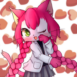 abstract_background anthro blush bottomwear braided_hair clothed clothing female fully_clothed fur furgonomics green_eyes hair heart_background heart_symbol jacket long_hair one_eye_closed open_mouth paws pigtails pink_body pink_fur pink_hair simple_background skirt solo tail tail_through_skirt topwear twin_braids whiskers white_body white_fur bunnag cat_busters neko_hakase domestic_cat felid feline felis mammal 1:1 digital_media_(artwork) hi_res shaded