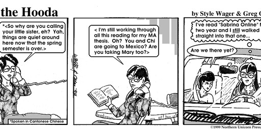 book car clothed clothed_female clothing dialogue duo eyewear female furniture glasses hair sitting table text vehicle style_wager dela_the_hooda mary_chan sue_chan_(dela_the_hooda) human mammal 1999 comic english_text monochrome