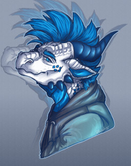 anthro blue_body blue_eyes blue_hair blue_horn blue_spots clothed clothing hair hoodie horn looking_at_viewer male markings mohawk outline scales side_view simple_background solo spots spotted_body text topwear white_body anonymous_artist mythology adzyx3m dragon mythological_creature mythological_scalie scalie digital_drawing_(artwork) digital_media_(artwork) hi_res portrait signature three-quarter_portrait