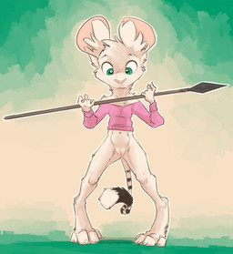 anthro athletic athletic_female big_ears bottomless breasts clothed clothing cropped_sweater female fur genitals green_eyes markings melee_weapon mouthless pigeon_toed polearm simple_background small_breasts solo spear striped_markings striped_tail stripes tail tail_markings vulva weapon white_body white_fur animancer luck_(animancer) dipodid jerboa mammal rodent hi_res