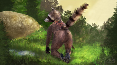 anthro arm_support black_body black_fur black_nose brown_body brown_claws brown_fur claws cybernetics day erect_tail facial_markings featureless_crotch feet fur grass head_markings looking_aside machine male markings mask_(marking) nude outside plant rear_view ring_(marking) ringed_tail scar solo striped_markings striped_tail stripes tail tail_markings toe_claws tree white_body white_fur purplepawprince rasterraccoon guardians_of_the_galaxy marvel rocket_raccoon cyborg mammal procyonid raccoon 16:9 3d_(artwork) blender_(artwork) digital_media_(artwork) signature widescreen
