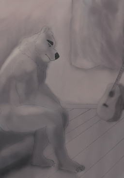 acoustic_guitar anthro bed countershading curtains furniture guitar hurt_expression male muscular muscular_male musical_instrument nude on_bed plucked_string_instrument sitting solo string_instrument nodzire arches_(game) echo_(series) echo_project devon_ortega bear mammal hi_res