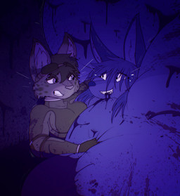 anthro big_breasts blue_body blue_fur blueberry_inflation bodily_fluids breasts cleavage clothed clothing duo female female/female fur huge_breasts inflation juice looking_at_another saliva spherical_inflation thick_thighs wide_hips swatchfodder canid canine canis domestic_cat domestic_dog felid feline felis mammal hi_res