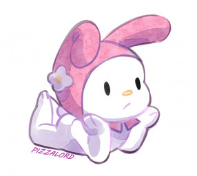 bent_ear bent_legs blank_expression female flower hand_on_head hood lying on_front plant solo pizzalord onegai_my_melody sanrio my_melody lagomorph leporid mammal rabbit watermark