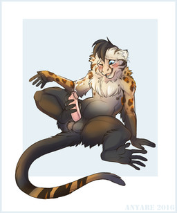 5_toes anthro autofootjob balls biped black_hair blue_background blue_eyes blush bodily_fluids chest_tuft cum cumshot ejaculation erection feet foot_fetish foot_play fur genital_fluids genitals glans hair humanoid_genitalia humanoid_penis long_tail male markings masturbation nude one_eye_closed open_mouth orgasm penile penile_masturbation penis pink_penis plantigrade prehensile_feet simple_background sitting solo spots spotted_body spotted_fur spread_legs spreading tail toes transformation tuft white_background anyare capuchin_monkey cebid haplorhine mammal monkey new_world_monkey primate 2016
