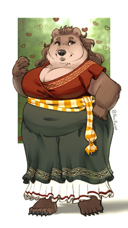 abstract_background anthro belly belly_overhang big_belly big_breasts breasts brown_body brown_fur brown_hair cleavage clothed clothing dress female fully_clothed fur hair heart_symbol huge_breasts long_hair looking_at_viewer mature_anthro mature_female navel_outline overweight overweight_anthro overweight_female smile smiling_at_viewer solo standing thick_thighs wide_hips noviraine nora_(tasanko) bear mammal full-length_portrait portrait