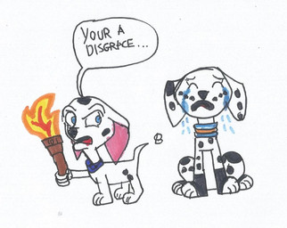 black_eyes black_nose black_spots blue_collar blue_eyes bodily_fluids collar crying duo female feral freckled_face freckles fur hate_art holding_object holding_torch leg_markings markings pink_inner_ear socks_(marking) spots tears toony torch white_body white_fur spaton37 101_dalmatian_street 101_dalmatians 101_dalmatians:_the_series disney cadpig dolly_(101_dalmatians) canid canine canis dalmatian domestic_dog mammal traditional_media_(artwork)