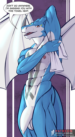 abs anthro armpit_fetish bodily_fluids foreskin genitals male muscular nipples penis solo sweat text towel wings iudicium86 bandai_namco digimon mythology digimon_(species) dragon exveemon mythological_creature mythological_scalie scalie hi_res