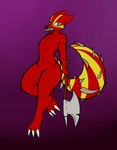 abstract_background anthro axe belly big_claws claws featureless_crotch female fur love_handles markings melee_weapon navel red_body red_fur solo spiked_tail spikes spikes_(anatomy) spiral_eyes tail teeth teeth_showing thick_thighs weapon yellow_markings axentooth sabrina_(axentooth) canid canine fox mammal red_fox true_fox hi_res