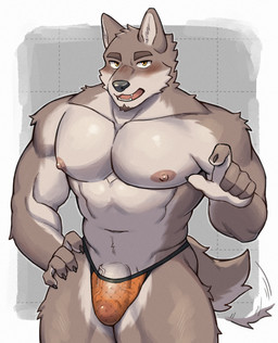 5_fingers abs anthro areola beard biped black_clothing black_nose black_underwear blush blush_lines border brown_beard brown_facial_hair bulge cheek_tuft claws clothed clothed_anthro clothed_male clothing eyebrows facial_hair facial_tuft fangs finger_claws fingers fur genitals gesture glans glistening glistening_body glistening_eyes hand_gesture hand_on_hip humanoid_genitalia humanoid_penis legs_together looking_at_viewer male male_anthro monotone_body monotone_fur monotone_tail multicolored_clothing multicolored_underwear muscular muscular_anthro muscular_male navel nipples open_mouth orange_body orange_clothing orange_fur orange_tail orange_underwear pecs penis pink_areola pink_nipples pointing pointing_at_viewer solo tail tail_motion tailwag teeth tongue tongue_showing translucent translucent_clothing translucent_underwear tuft underwear underwear_only vein veiny_penis white_border yellow_eyes norakemo777 canid canine mammal 2025 absurd_res digital_media_(artwork) hi_res