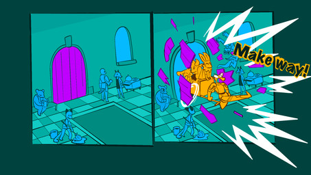 ambiguous_gender anthro apron armor book clothing dialogue door female group kicking_door male mopping reading reading_book rickshaw sitting surprised text window yelling vanilla_candy unicorn_blood_(comic) saffron_(unicorn_blood) tulip_(unicorn_blood) ambiguous_species arthropod bear bovid caprine hybrid insect lagomorph lepidopteran mammal moth reptile scalie sheep snake comic english_text hi_res restricted_palette