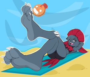 4_toes anthro anthrofied athletic athletic_anthro athletic_female bangs barefoot beach beach_towel bedroom_eyes bent_legs between_toes bikini biped black_bikini black_clothing black_eyebrows black_nose black_swimwear breasts butt character_popsicle cheek_tuft claws cleavage clothed clothing countershade_feet countershading crossed_legs dark_eyelids day detailed_background dripping eyebrow_through_hair eyebrows eyelashes facial_tuft fangs feet feet_up female female_anthro finger_claws food foot_focus forehead_gem foreshortening freckled_face freckles front_view fur gem glistening_eyelids hair hair_over_eye half-closed_eyes hand_behind_head happy head_tuft holding_food holding_object holding_popsicle humanoid_feet legs_up looking_aside looking_at_viewer low-angle_view lying medium_breasts midriff narrowed_eyes neck_tuft on_back on_towel open_mouth open_smile outside perspective plantigrade pokemorph popsicle pose presenting public raised_eyebrows red_eyes red_hair red_tail relaxing sand seductive sharp_teeth sky smile smiling_at_viewer smirk soles solo swimwear tail teasing teeth thick_eyelashes three-quarter_view toe_claws toes tongue towel translucent translucent_hair tuft two-piece_swimsuit under_boob white_claws lefcoyto nintendo pokemon fan_character fang_the_weavile generation_4_pokemon mammal pokemon_(species) weavile 2025 absurd_res digital_drawing_(artwork) digital_media_(artwork) hi_res pinup signature