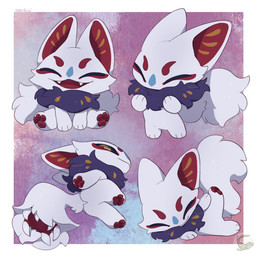ambiguous_gender anthro black_sclera blue_pupils chibi eyes_closed fur logo neck_tuft open_mouth open_smile pawpads pupils red_facial_markings red_pawpads simple_background smile solo tail tail_mouth text tuft unusual_anatomy unusual_tail white_body white_fur yellow_eyes mochiri canid canine fox mammal 2025 absurd_res artist_logo artist_name cel_shading digital_drawing_(artwork) digital_media_(artwork) hi_res multiple_images shaded
