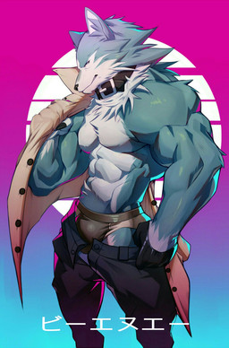 abs anthro biceps blue_body blue_fur bottomwear briefs bulge clothed clothing fur gloves hair handwear looking_at_viewer male muscular muscular_anthro muscular_male open_bottomwear open_clothing open_pants pants pecs simple_background solo standing topless underwear undressing holo_eden brand_new_animal studio_trigger shirou_ogami canid canine canis mammal wolf 2020 digital_media_(artwork) hi_res