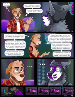 5_fingers animal_mask anthro athletic athletic_anthro athletic_male black_nose brown_nose clothed clothed_anthro clothed_male clothing dialogue duo_focus ellipsis eye_contact eyewear fingers floral_shirt footwear fur glasses grey_body grey_fur group harness humanoid_hands looking_at_another male mask nervous nightclub pup_mask purple_pup_mask red_clothing red_shirt red_topwear shirt shirtless_anthro shirtless_male standing tan_body tan_fur text timer topwear trio wearing_glasses jackaloo andrew_oleander cooper_estevez bird_dog canid canine canis domestic_dog hunting_dog labrador mammal retriever wolf 2026 comic english_text hi_res