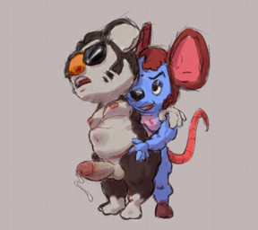 abdominal_bulge anal anal_penetration anthro balls black_eyes black_nose blue_body blue_fur bodily_fluids brown_body brown_ears brown_fur bulge duo erection eyewear fur genital_fluids genitals grey_background half-closed_eyes hand_on_shoulder holding_waist larger_penetrated larger_sub looking_pleasured male male/male mouse_tail musclegut muscular muscular_bottom muscular_male narrowed_eyes nipples nude open_mouth orange_nose penetration penile penile_penetration pink_nipples pink_tail pupils raised_tail sex simple_background size_difference small_top_big_bottom standing standing_sex submissive sunglasses tail taller_partner teeth white_body white_ears white_fur hexaflexagoon animal_crossing nintendo eugene_(animal_crossing) moose_(animal_crossing) koala mammal marsupial mouse murid murine rodent vombatiform hi_res unfinished