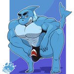 abs anthro bulge clothing detailed_bulge facial_hair genital_outline looking_at_viewer male penis_outline simple_background solo thong underwear pique_raj cartoon_network my_gym_partner's_a_monkey bull_sharkowski fish marine shark 1:1