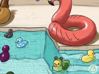 ambiguous_gender beak black_beak_tip black_body blue_body feral floating floral_pattern frog_costume green_body group metallic_body orange_beak outside pink_body polka_dots pool pool_float pool_ring pool_toy purple_body rubber_duck spots water white_beak white_spots yellow_beak yellow_body kava_(artist) placid_plastic_duck_simulator anatid anseriform avian bird duck flamingo 4:3 absurd_res hi_res