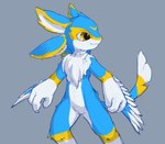 4_ears ambiguous_gender anthro blue_body blue_fur feathered_wings feathers fur multi_ear simple_background solo tail white_body white_fur wings fishy_fizz avali 2021