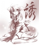 breasts cleavage clothed clothing female kneeling looking_at_viewer solo tail kubikitsune kubikitsune_(character) animal_humanoid canid canid_humanoid canine canine_humanoid fox fox_humanoid humanoid mammal mammal_humanoid 2007 monochrome