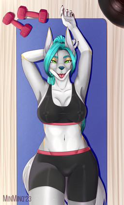 anthro ball bodily_fluids bottomwear bra breasts clothed clothing dumbbell exercise exercise_ball female hair looking_at_viewer nipples open_mouth shorts smile solo spandex sports_bra sweat tail tight_clothing tongue underwear weights workout yoga yoga_mat minminq canid canine fox mammal absurd_res digital_media_(artwork) hi_res