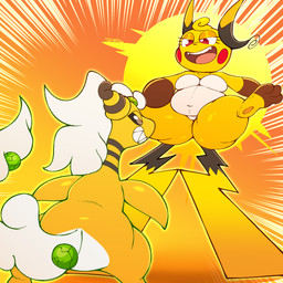 anthro breasts female open_mouth slightly_chubby slightly_chubby_anthro slightly_chubby_female spread_legs spreading thick_thighs toothy_grin softestpuffss nintendo pokemon fan_character plasma_(plasma_dragoon) generation_6_pokemon generation_9_pokemon mega_ampharos mega_evolution mega_raichu mega_raichu_x pokemon_(species) 1:1 hi_res male_(lore)