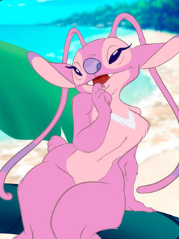antennae_(anatomy) antennae_markings anthro anthrofied beach biped blurred_background chest_markings claws ear_markings eyelashes female finger_claws fur long_antennae looking_at_viewer markings narrowed_eyes open_mouth open_smile pink_body pink_fur purple_claws purple_eyes purple_markings purple_nose red_tongue sitting small_waist smile smiling_at_viewer solo tongue white_markings digikitty disney lilo_and_stitch angel_(lilo_and_stitch) alien experiment_(lilo_and_stitch) 2025 3:4 digital_drawing_(artwork) digital_media_(artwork) hi_res