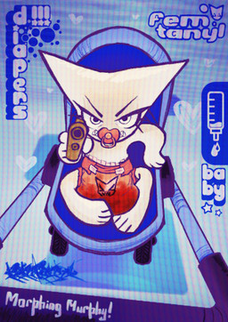 abdl age_regression ambiguous_gender anthro big_ears blood blood_on_clothing bloody_diaper bodily_fluids clothed clothing diaper eyelashes gun object_in_mouth pacifier pacifier_in_mouth ranged_weapon size_difference soiled_diaper solo stroller unclean_diaper used_diaper weapon wearing_diaper kripa morphing_murphy femtanyl token_(femtanyl) felid mammal absurd_res hi_res